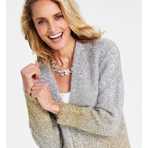 INC International Concepts Metallic Open Front Cardigan | Eyelash Knit ✨